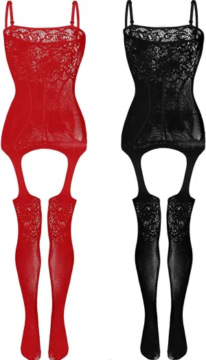 2 Pack Womens One Size Fishnet Bodystockings Striped Lingerie Crotchless Bodysuits Tights Suspenders Black