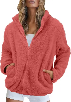 2024 Womens Winter Coats Long Sleeve High Collar Zip up Casual Comfy Warm Plush Loose Jackets with Pockets