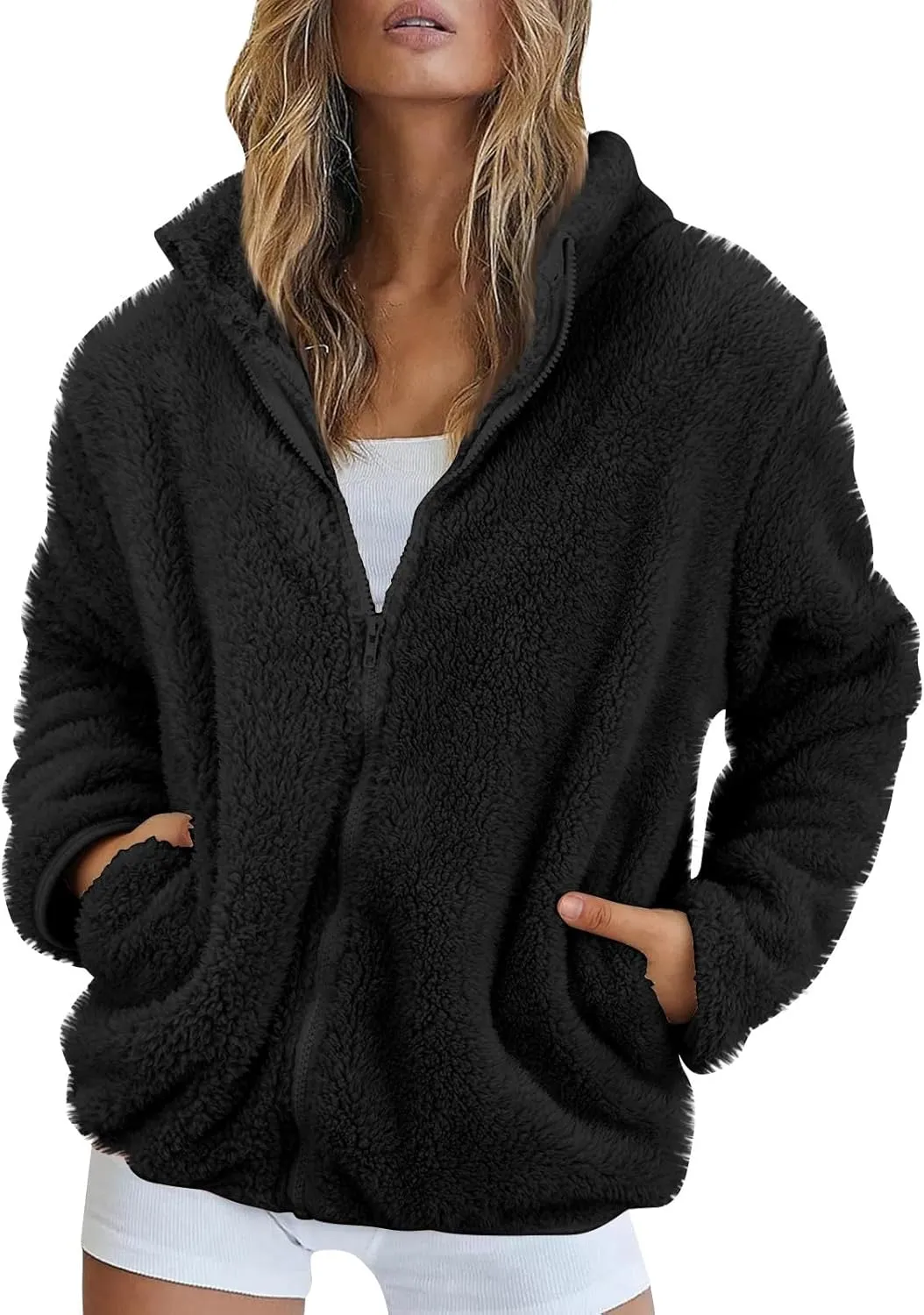 2024 Womens Winter Coats Long Sleeve High Collar Zip up Casual Comfy Warm Plush Loose Jackets with Pockets