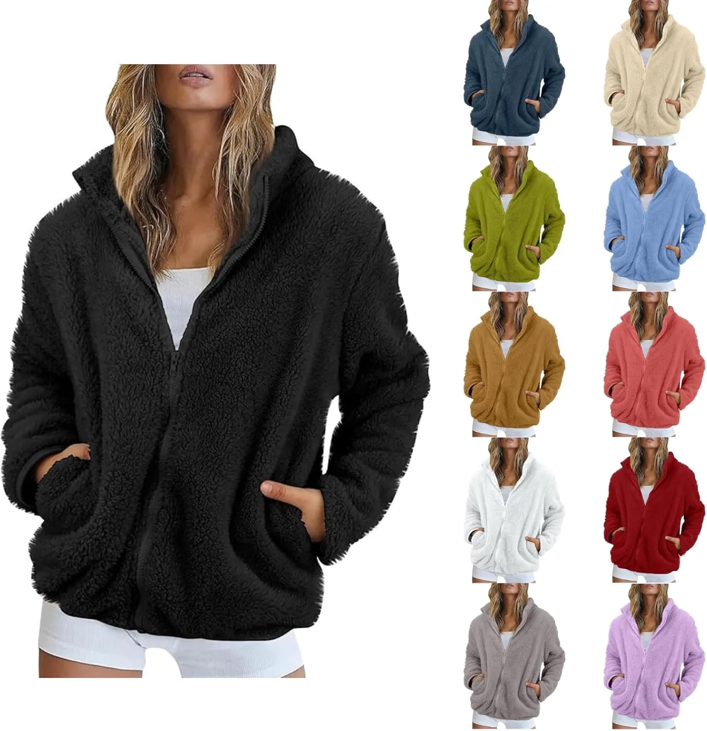 2024 Womens Winter Coats Long Sleeve High Collar Zip up Casual Comfy Warm Plush Loose Jackets with Pockets