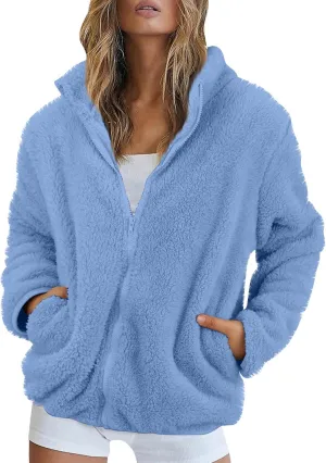 2024 Womens Winter Coats Long Sleeve High Collar Zip up Casual Comfy Warm Plush Loose Jackets with Pockets