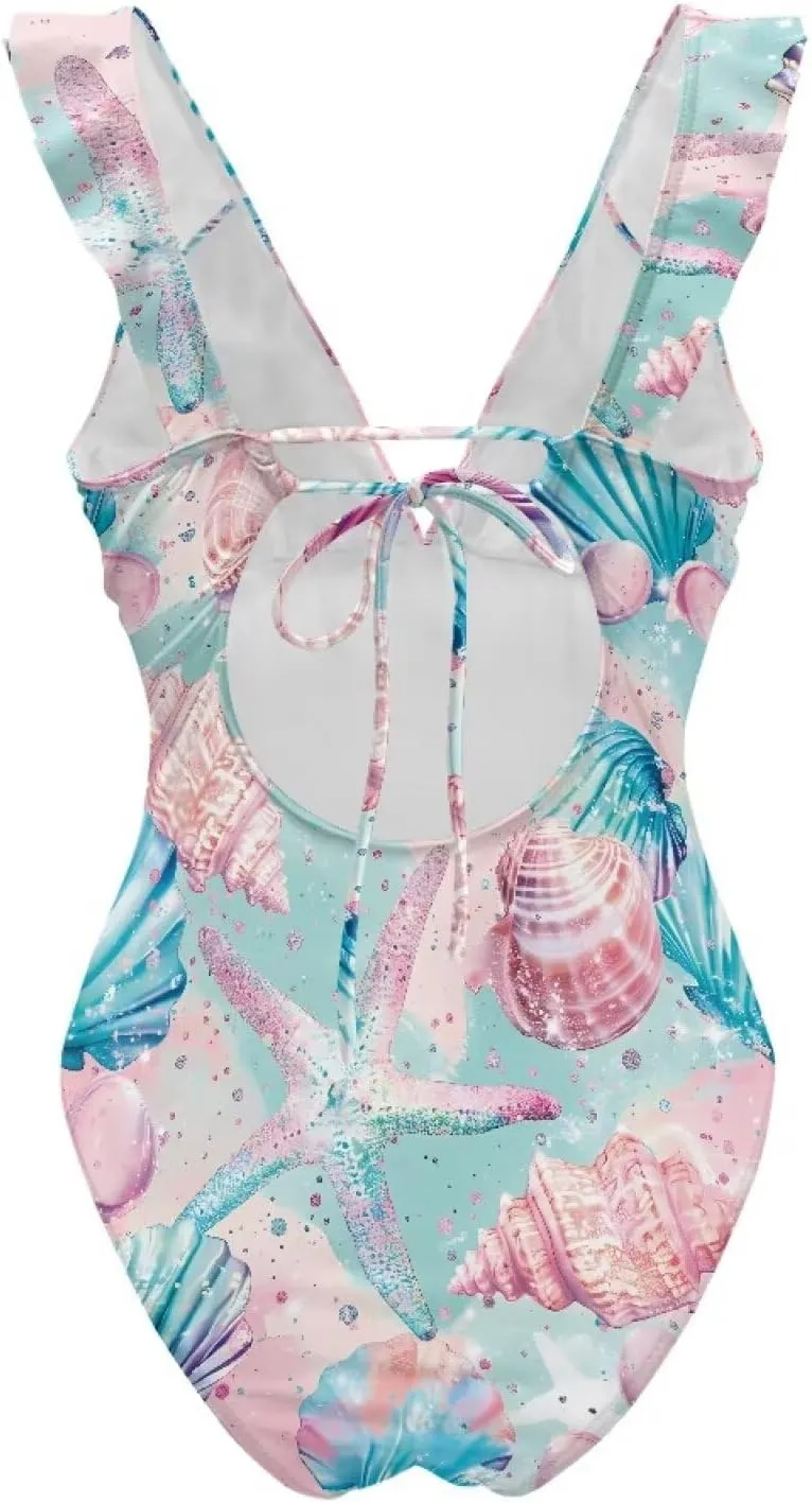 2025 Ruffle One Piece Swimsuits for Women V Neck Ruched Tummy Control Bathing Suits High Cut Monokini