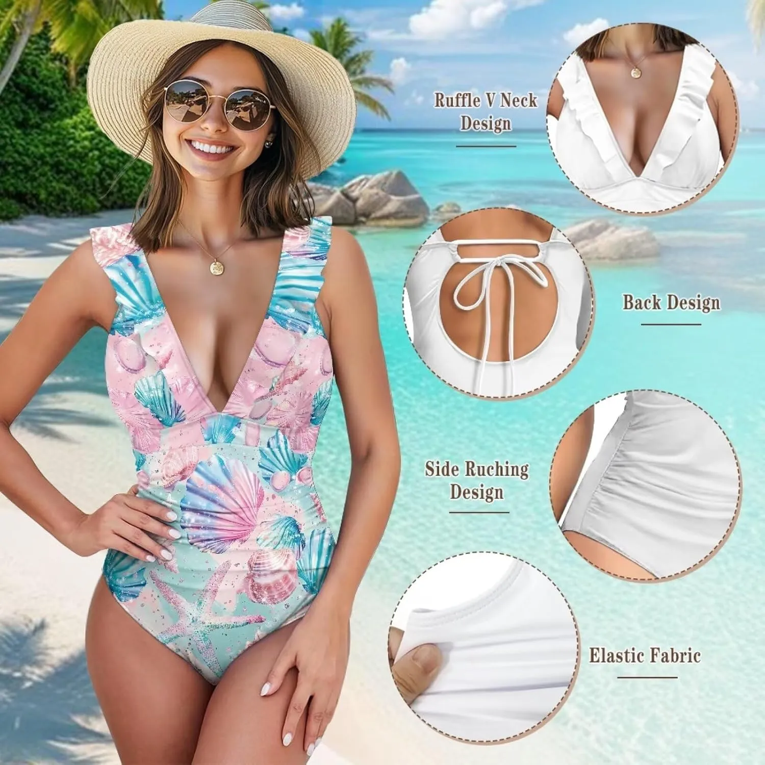 2025 Ruffle One Piece Swimsuits for Women V Neck Ruched Tummy Control Bathing Suits High Cut Monokini