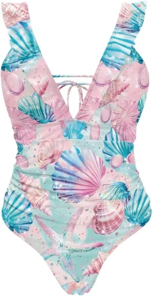 2025 Ruffle One Piece Swimsuits for Women V Neck Ruched Tummy Control Bathing Suits High Cut Monokini