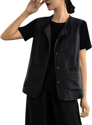 2025 Women Cotton Linen Vests Summer Casual Sleeveless Button Up Tops with Pockets Solid Loose Lightweight Vest Tees