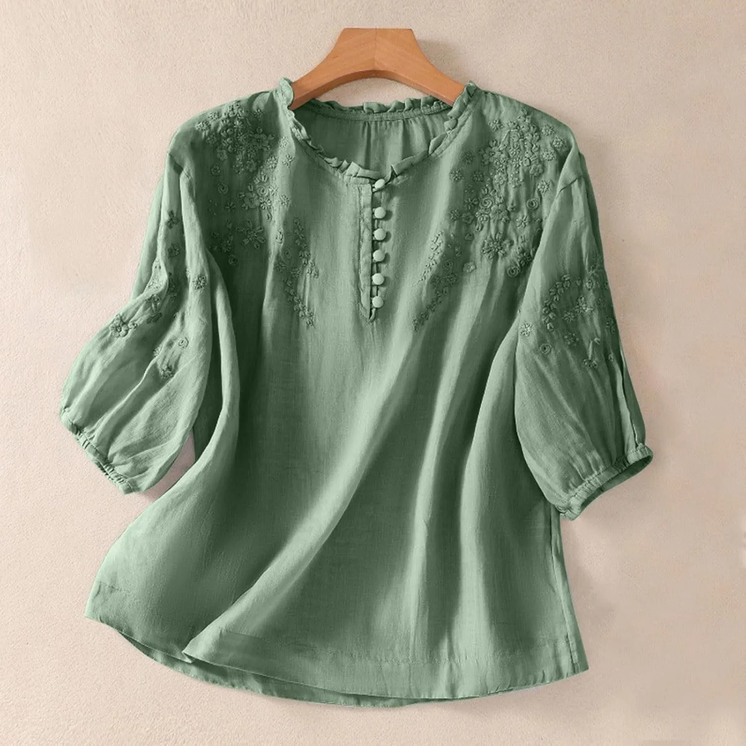 2025 Women's Cotton Linen Button Short Sleeve Shirts Summer Crew Neck Casual Boho Top Vintage Embroidered Blouse Tops