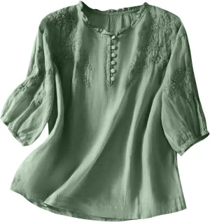 2025 Women's Cotton Linen Button Short Sleeve Shirts Summer Crew Neck Casual Boho Top Vintage Embroidered Blouse Tops