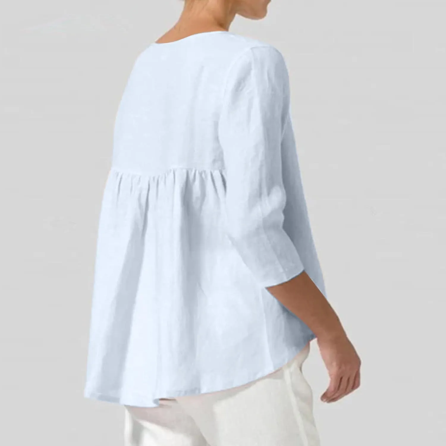 2025 Womens Linen 3/4 Sleeve Blouse Crew Neck Summer Casual Tops Loose Fit Flowy Tunics Tees Dressy Peasant Shirts