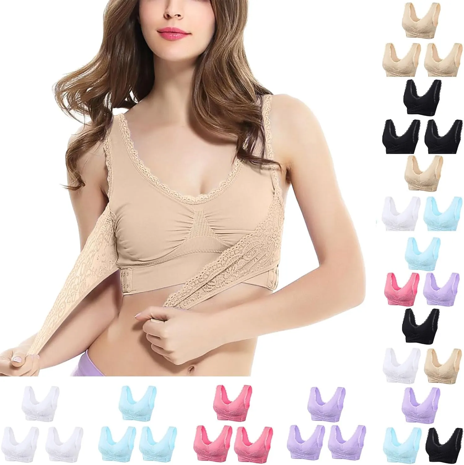 3 Pack Kendally Bra, Kendally Comfy Corset Bra Front Cross Side Buckle Lace Bras Wireless Push Up Slim and Shape Bra