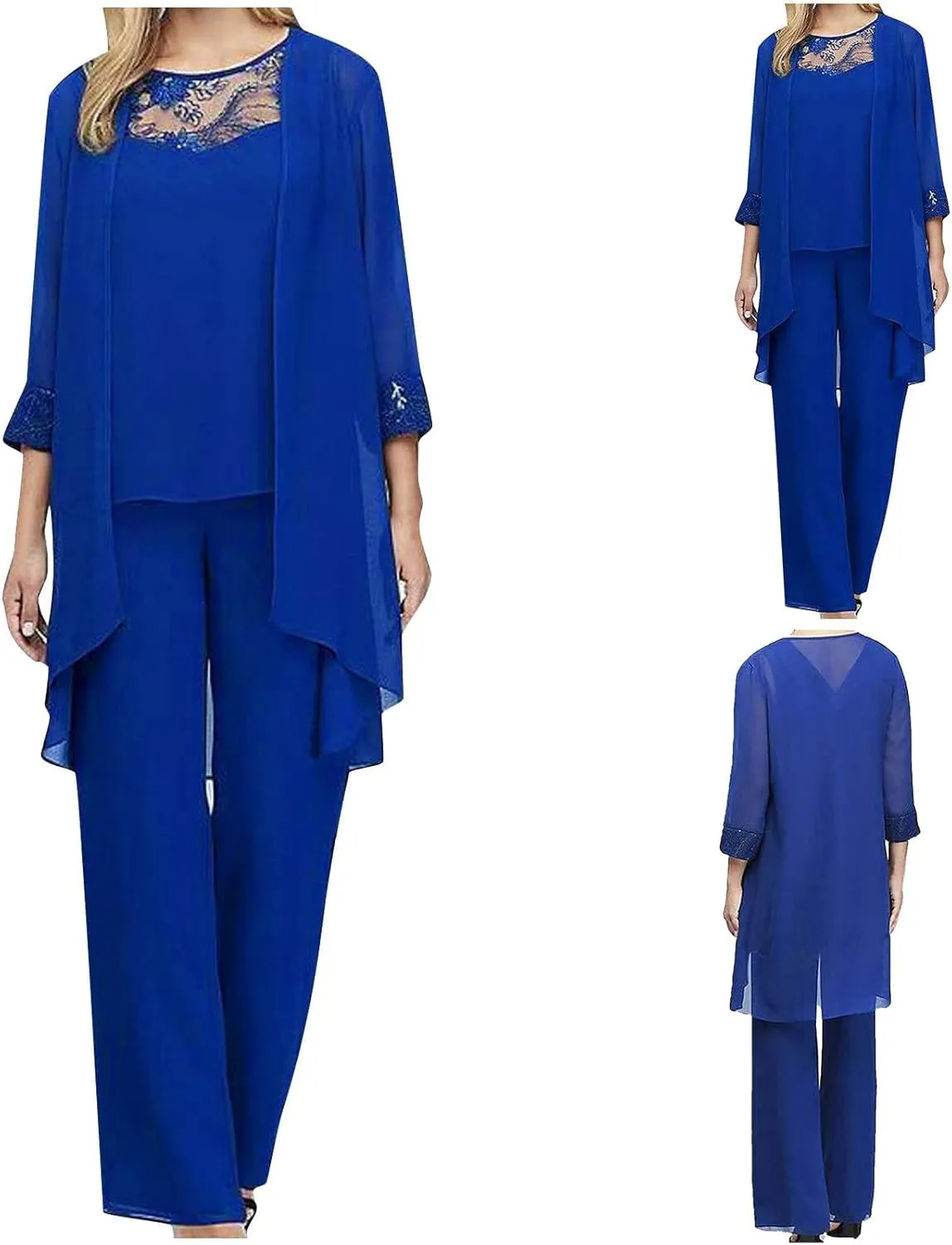 3 Piece Sets for Women Long Sleeve Cardigan Coats Lace Chiffon Tops Wide Leg Pants Classy Office Work Outfits