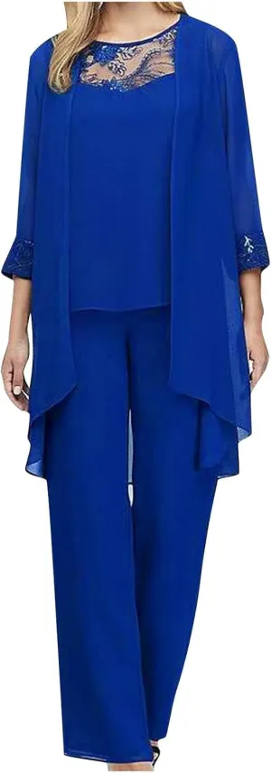 3 Piece Sets for Women Long Sleeve Cardigan Coats Lace Chiffon Tops Wide Leg Pants Classy Office Work Outfits