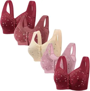 5 Pack Daisy Bras for Older Women Front Closure No Underwire Bralettes Wireless Push Up Bra Comfort Sleep Underwear