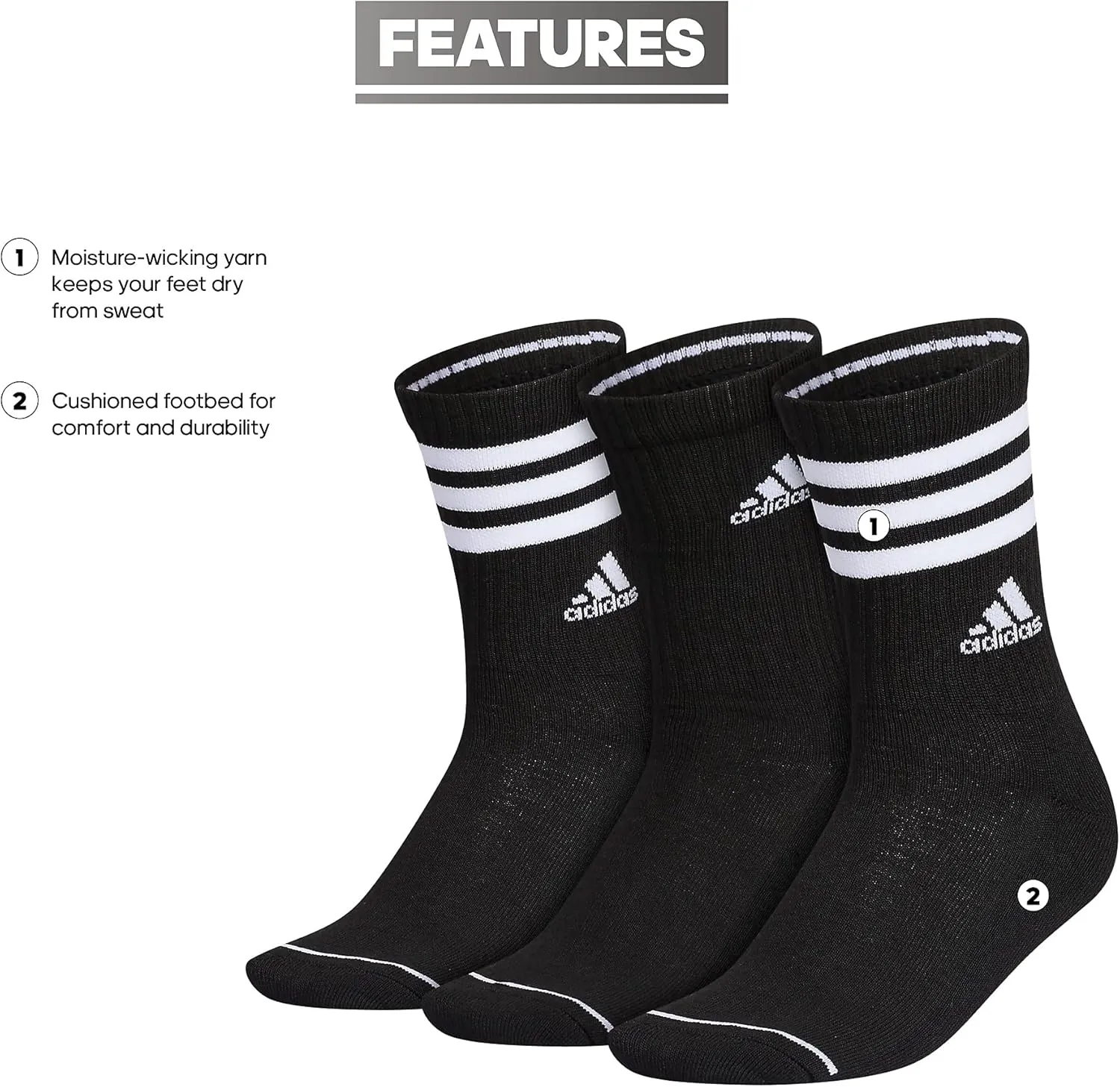 adidas Women's Crew Socks with Arch Compression 3-Pack, Comfortable, Sweat-Wicking, Stylish 3-Stripe