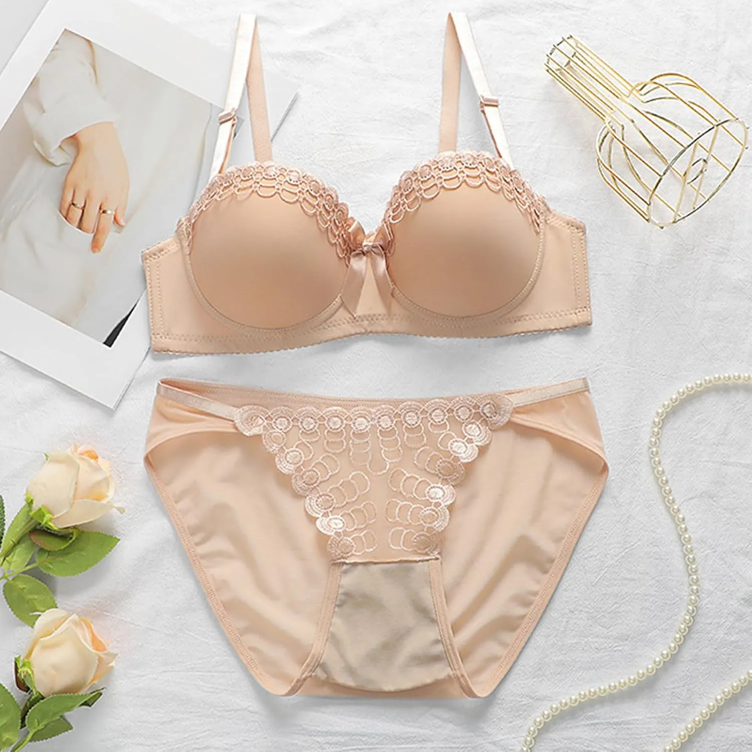 Akklian Cute Sexy Lace Bralettes for Women Push Up Bra and Panty 2 Piece Sets Exquisite Lace Underwire Lingerie Set Underwear