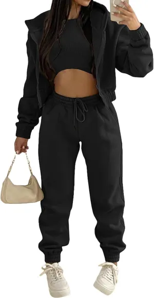 Akmipoem Sweatsuits for Women Set 3 Piece Outfits Zip Up Hoodie Sweatshirt Crop Tank Top Jogger Sweatpants Tracksuit