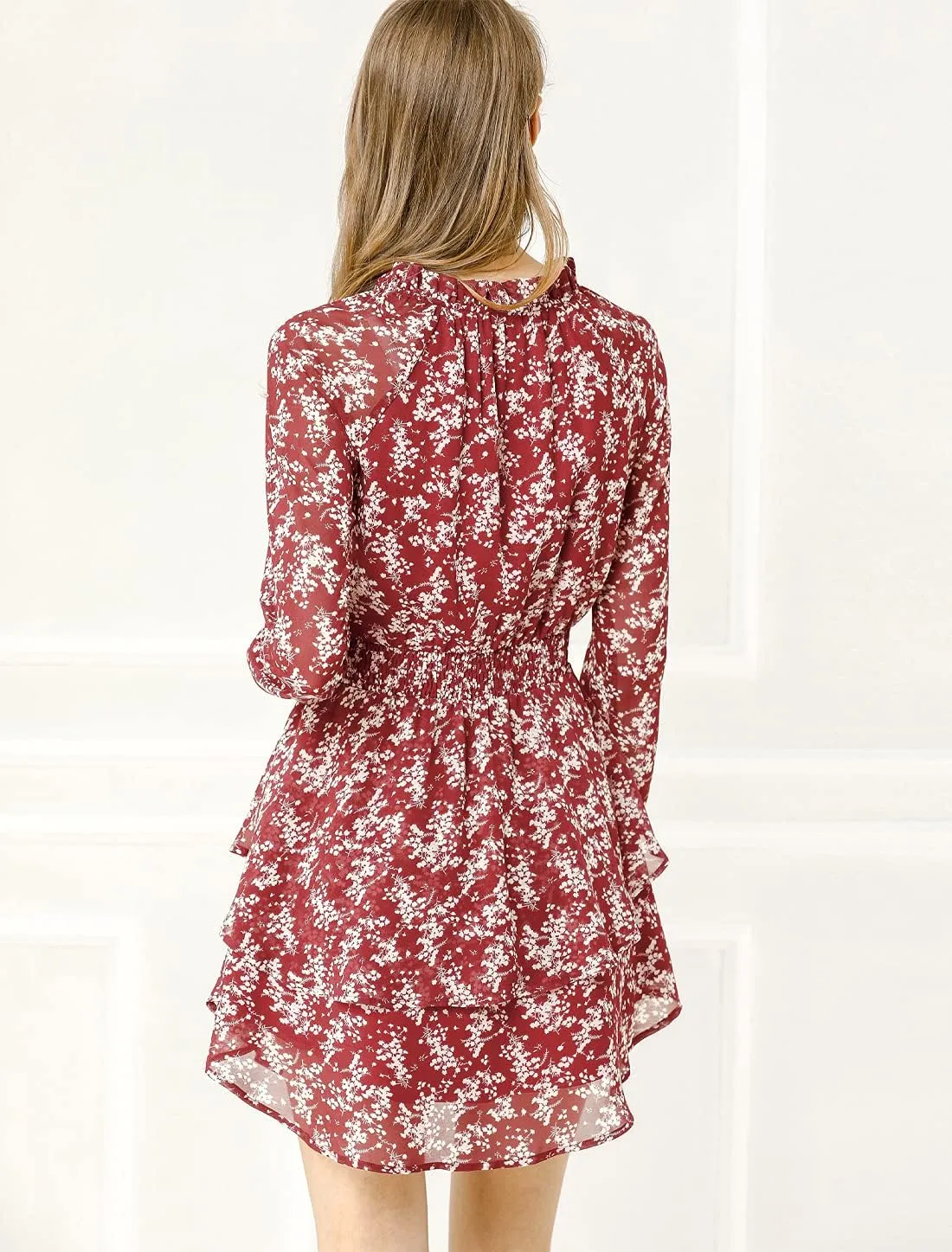 Allegra K Women's Ruffled Floral Smocked Waist Layered Tiered Chiffon Dress