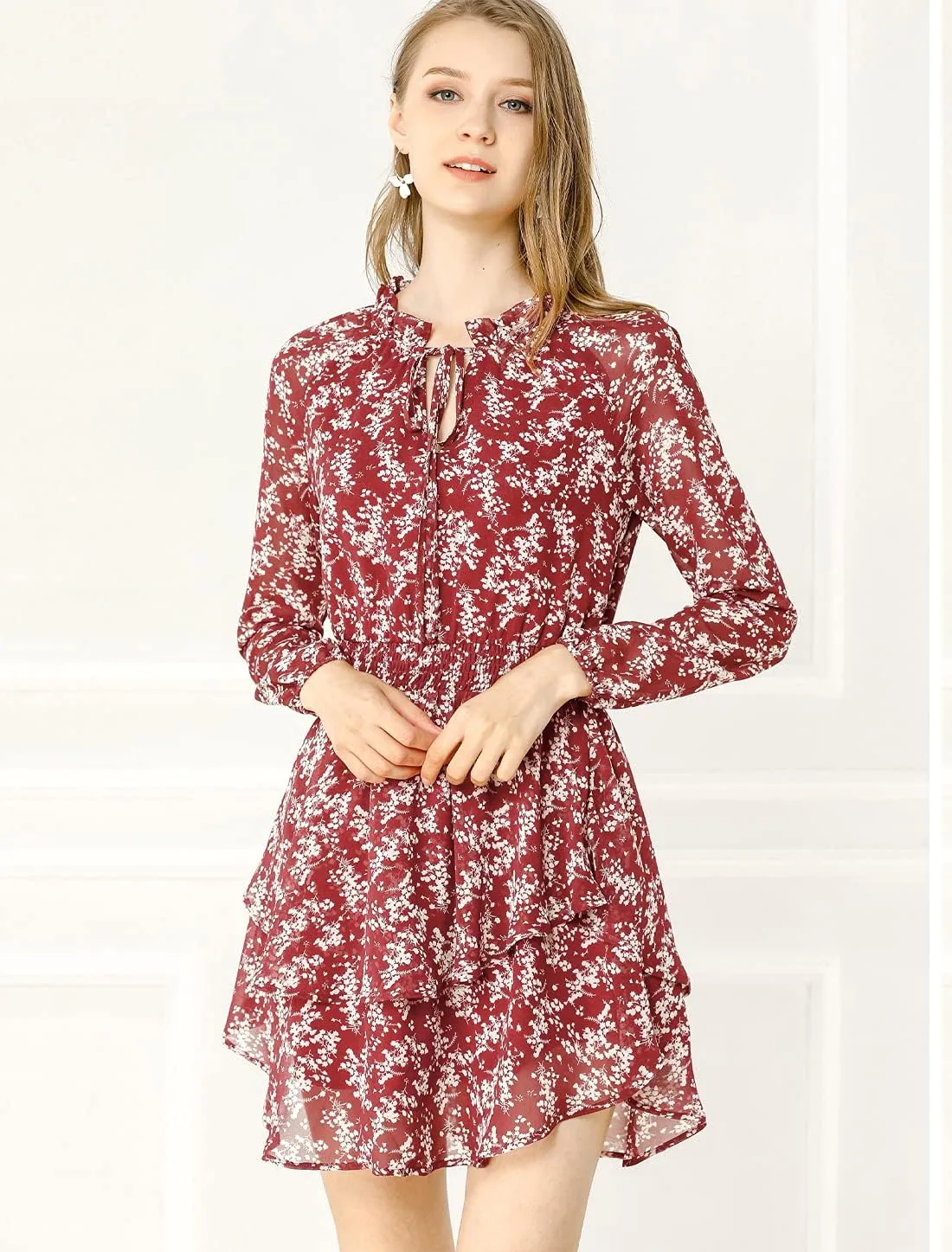 Allegra K Women's Ruffled Floral Smocked Waist Layered Tiered Chiffon Dress