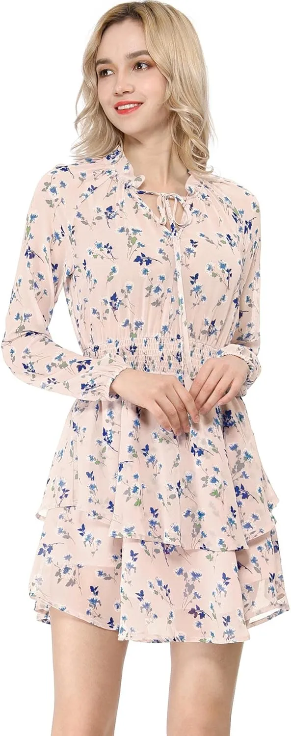 Allegra K Women's Ruffled Floral Smocked Waist Layered Tiered Chiffon Dress