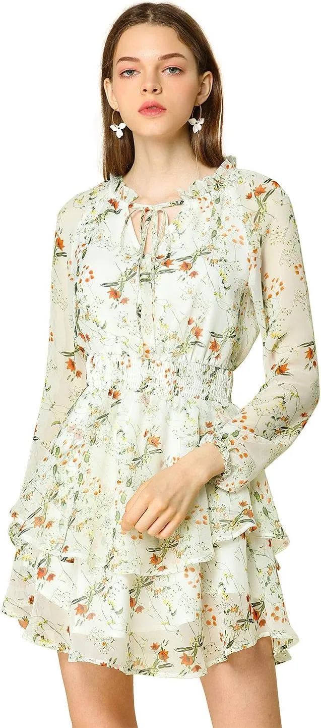 Allegra K Women's Ruffled Floral Smocked Waist Layered Tiered Chiffon Dress