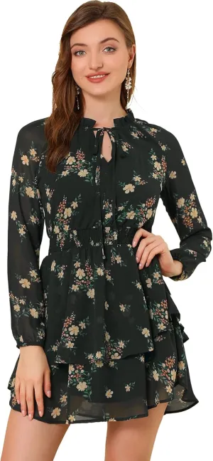 Allegra K Women's Ruffled Floral Smocked Waist Layered Tiered Chiffon Dress