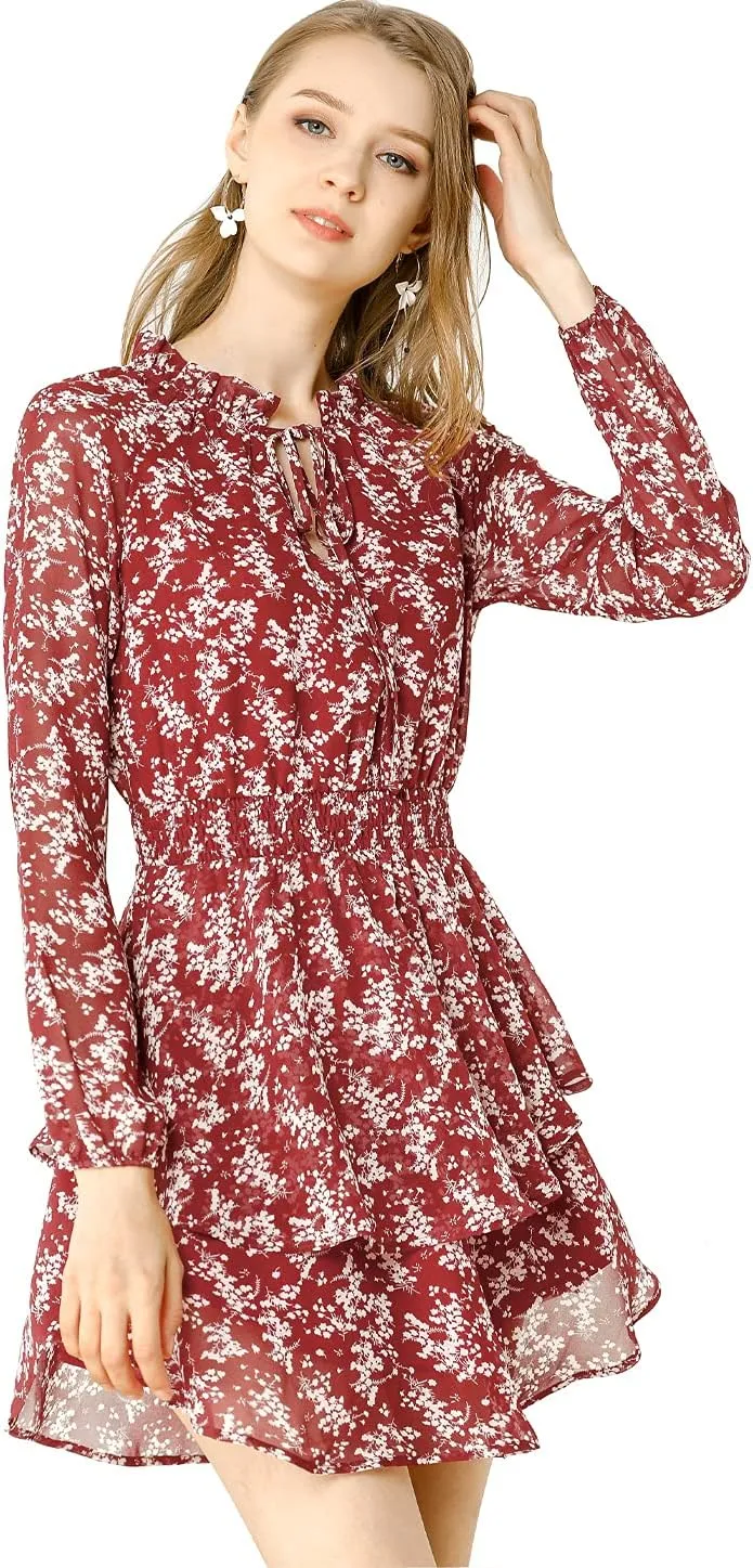 Allegra K Women's Ruffled Floral Smocked Waist Layered Tiered Chiffon Dress