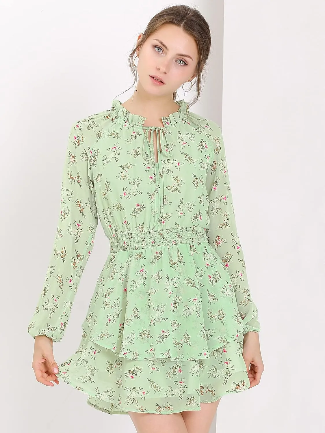 Allegra K Women's Ruffled Floral Smocked Waist Layered Tiered Chiffon Dress