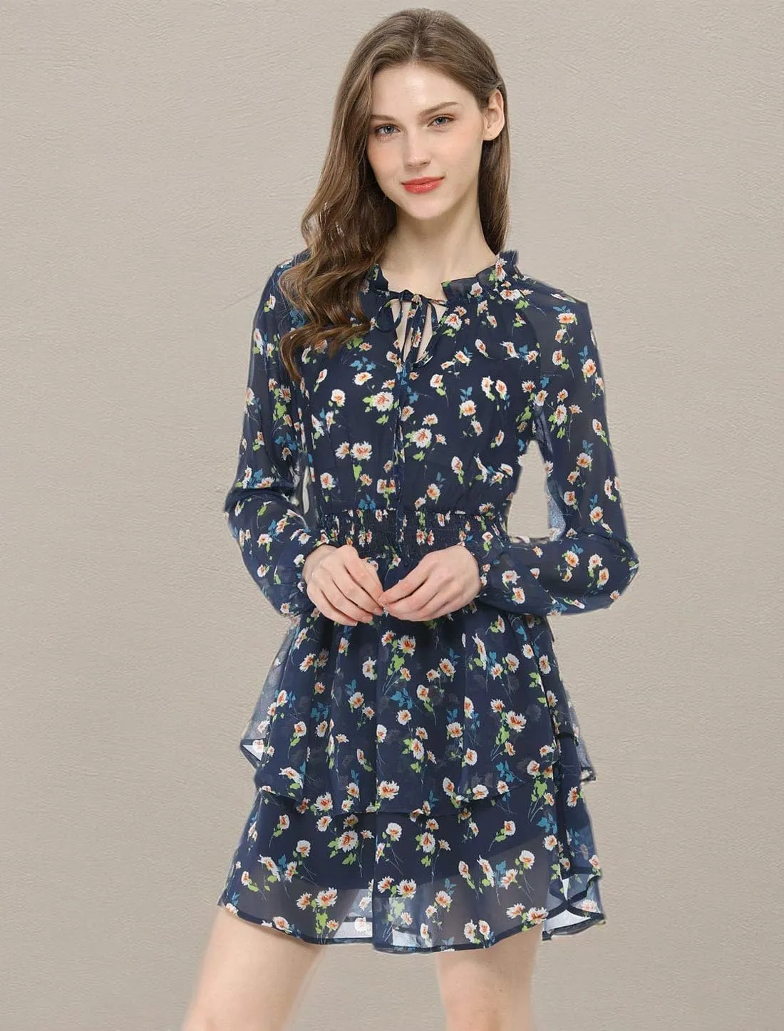 Allegra K Women's Ruffled Floral Smocked Waist Layered Tiered Chiffon Dress
