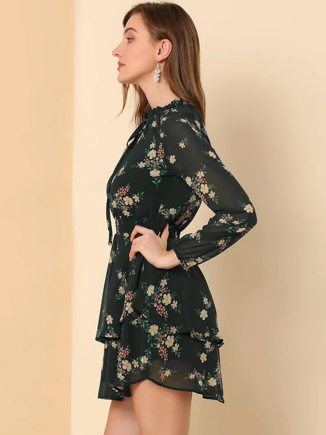 Allegra K Women's Ruffled Floral Smocked Waist Layered Tiered Chiffon Dress