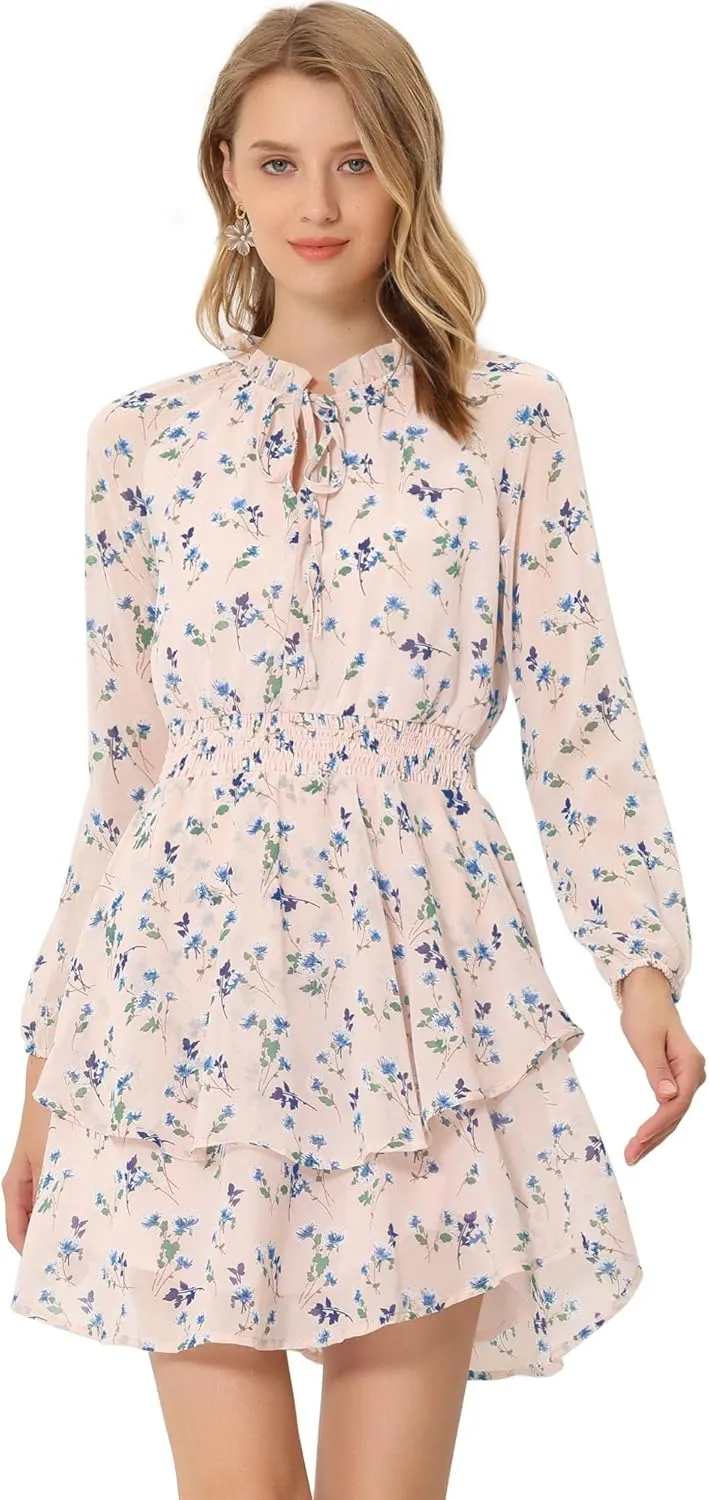Allegra K Women's Ruffled Floral Smocked Waist Layered Tiered Chiffon Dress