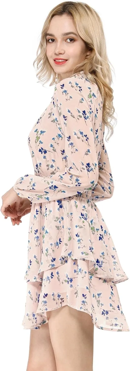 Allegra K Women's Ruffled Floral Smocked Waist Layered Tiered Chiffon Dress