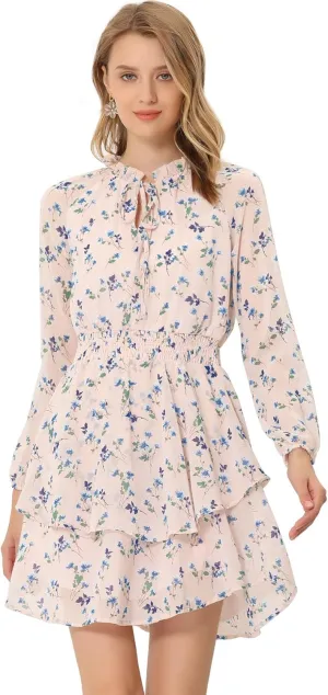 Allegra K Women's Ruffled Floral Smocked Waist Layered Tiered Chiffon Dress
