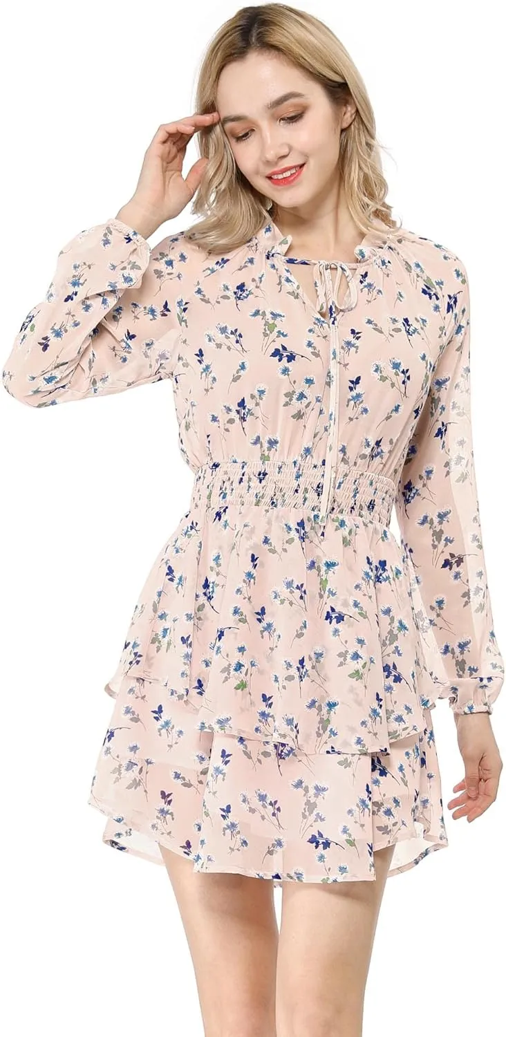 Allegra K Women's Ruffled Floral Smocked Waist Layered Tiered Chiffon Dress
