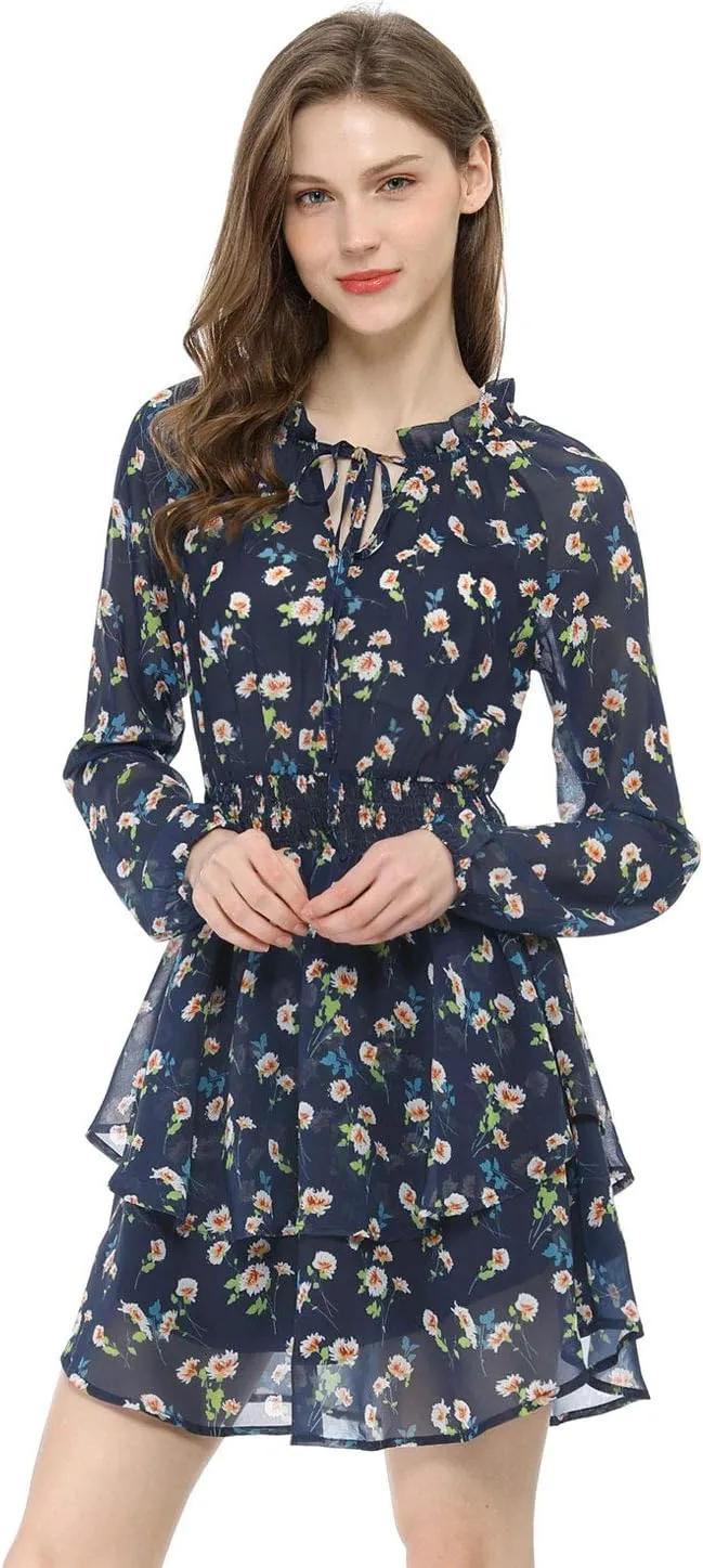 Allegra K Women's Ruffled Floral Smocked Waist Layered Tiered Chiffon Dress