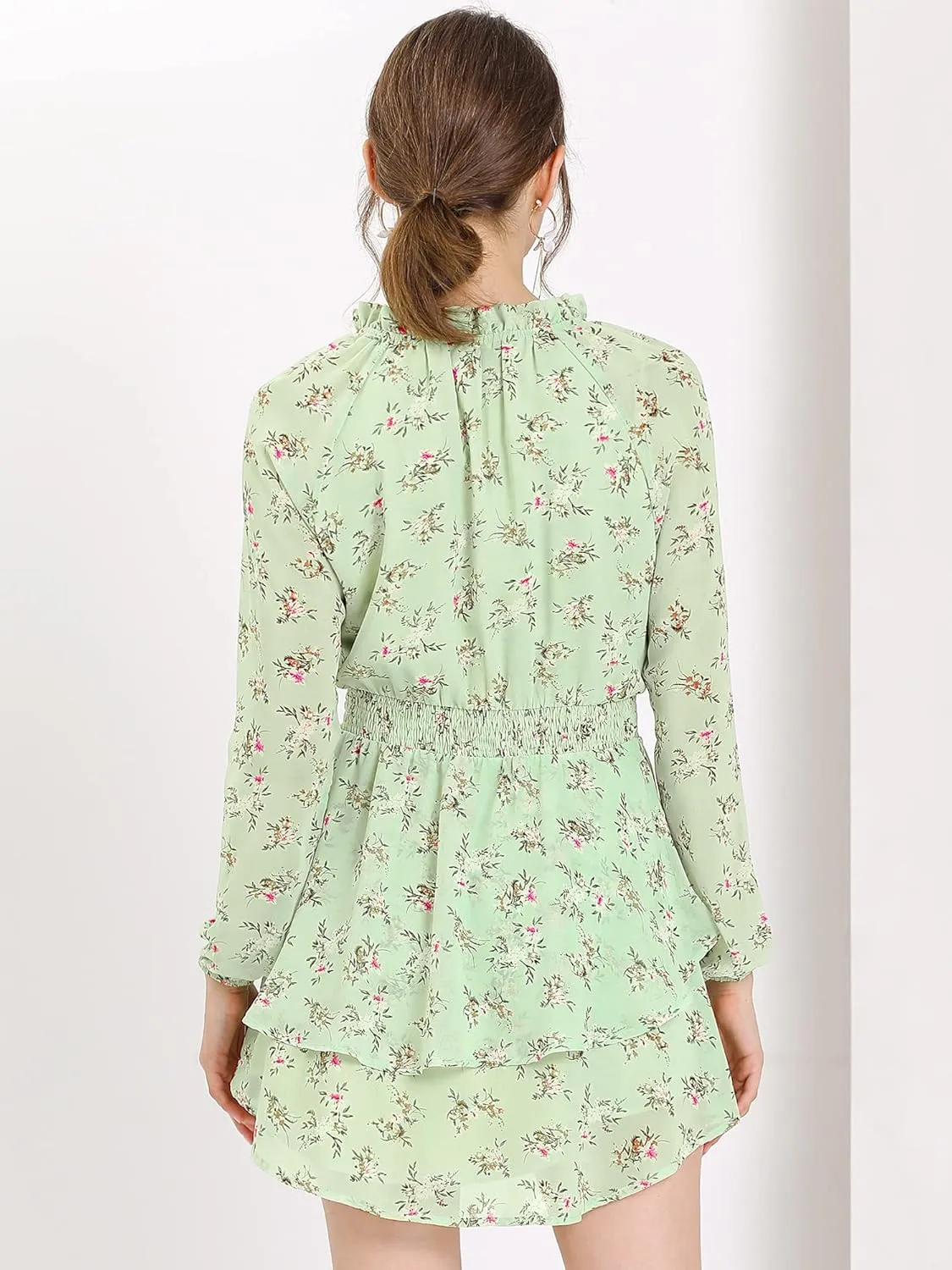 Allegra K Women's Ruffled Floral Smocked Waist Layered Tiered Chiffon Dress