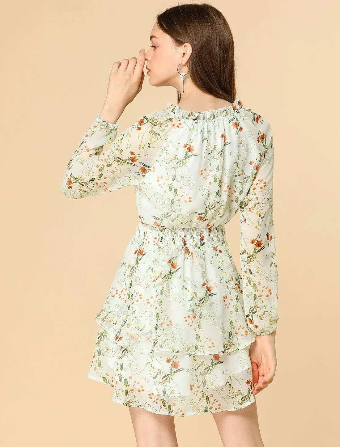 Allegra K Women's Ruffled Floral Smocked Waist Layered Tiered Chiffon Dress