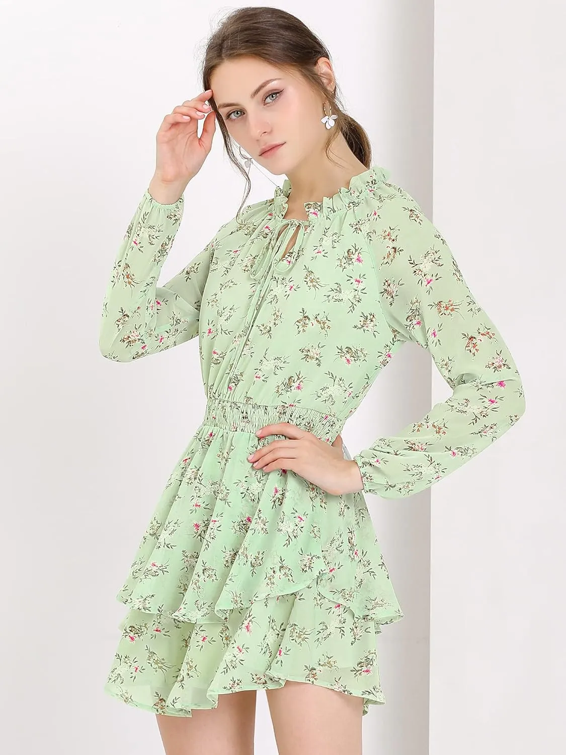 Allegra K Women's Ruffled Floral Smocked Waist Layered Tiered Chiffon Dress