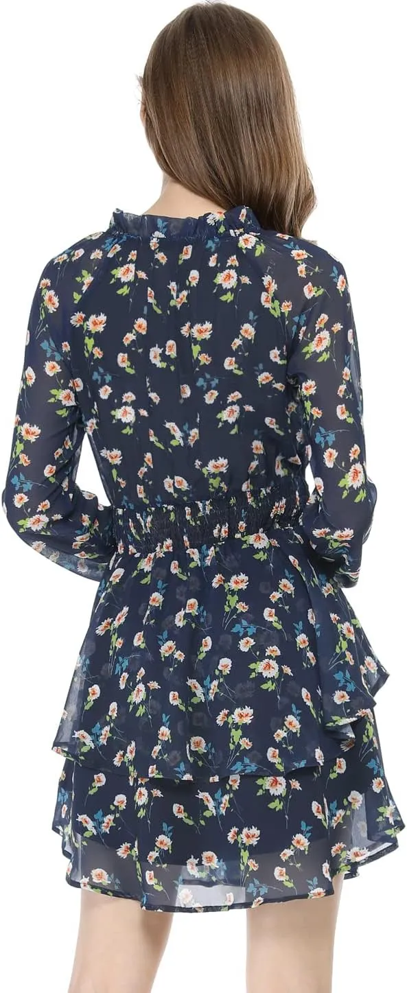Allegra K Women's Ruffled Floral Smocked Waist Layered Tiered Chiffon Dress