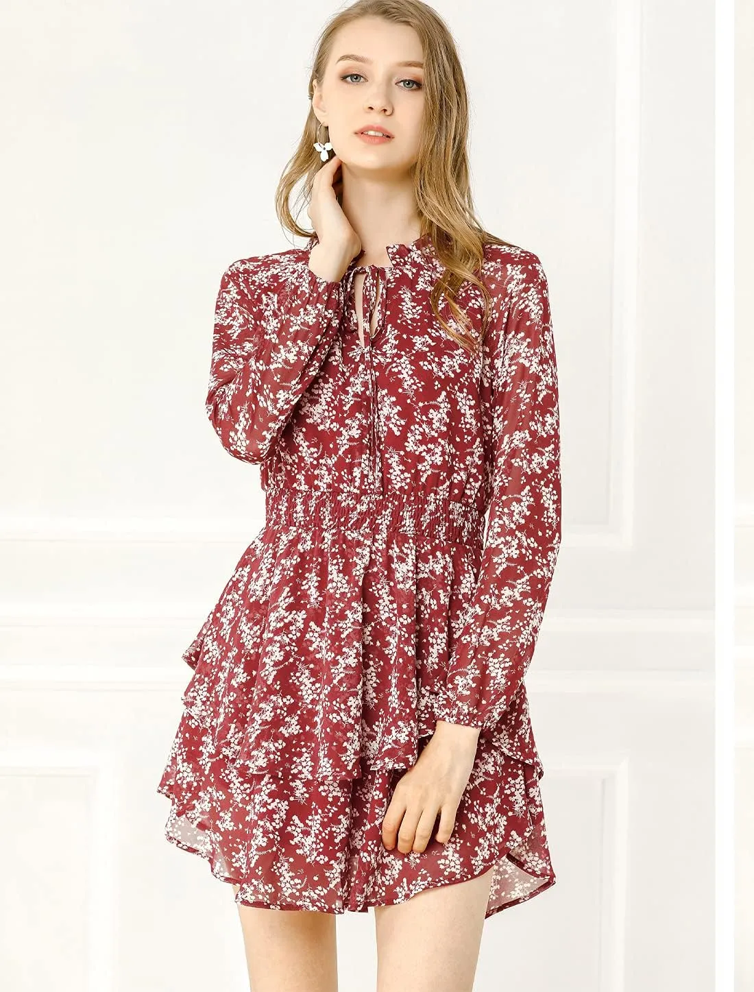 Allegra K Women's Ruffled Floral Smocked Waist Layered Tiered Chiffon Dress
