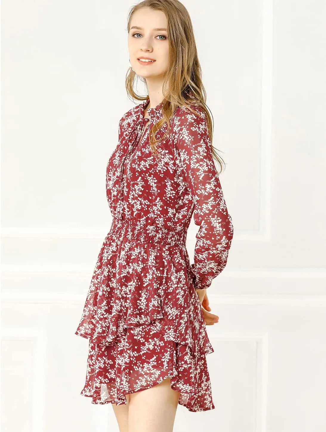 Allegra K Women's Ruffled Floral Smocked Waist Layered Tiered Chiffon Dress