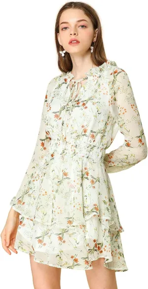 Allegra K Women's Ruffled Floral Smocked Waist Layered Tiered Chiffon Dress