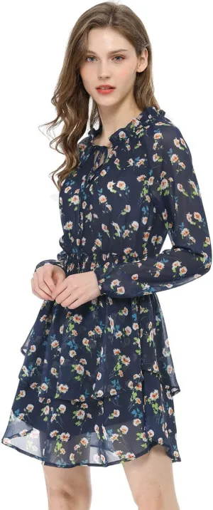 Allegra K Women's Ruffled Floral Smocked Waist Layered Tiered Chiffon Dress