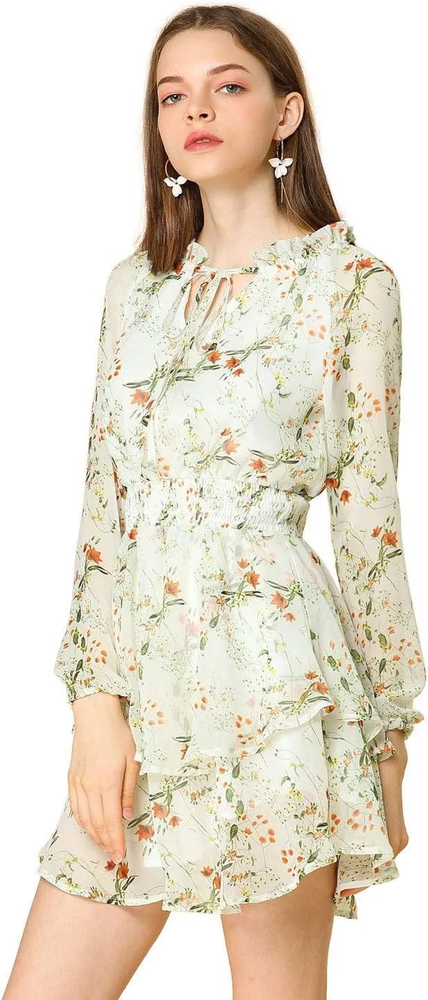 Allegra K Women's Ruffled Floral Smocked Waist Layered Tiered Chiffon Dress