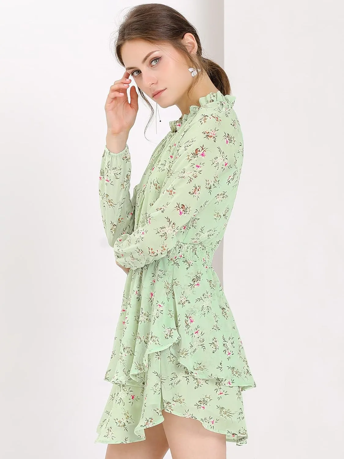 Allegra K Women's Ruffled Floral Smocked Waist Layered Tiered Chiffon Dress