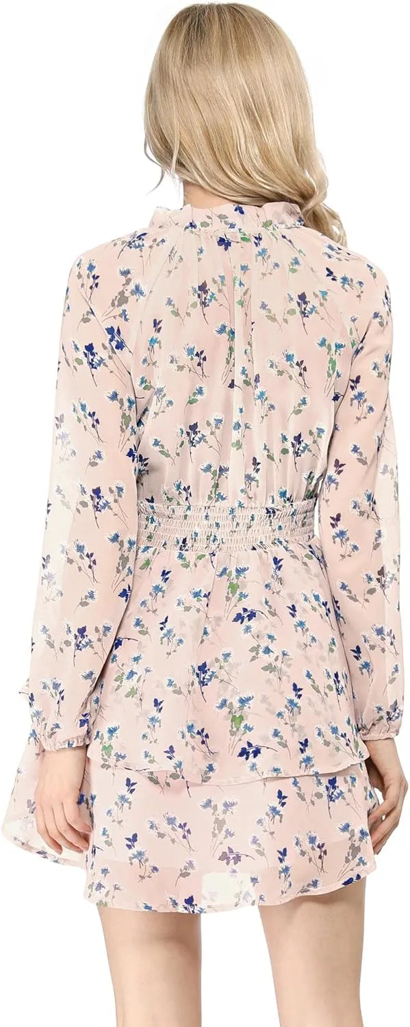 Allegra K Women's Ruffled Floral Smocked Waist Layered Tiered Chiffon Dress