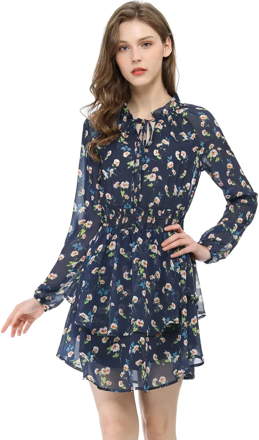 Allegra K Women's Ruffled Floral Smocked Waist Layered Tiered Chiffon Dress