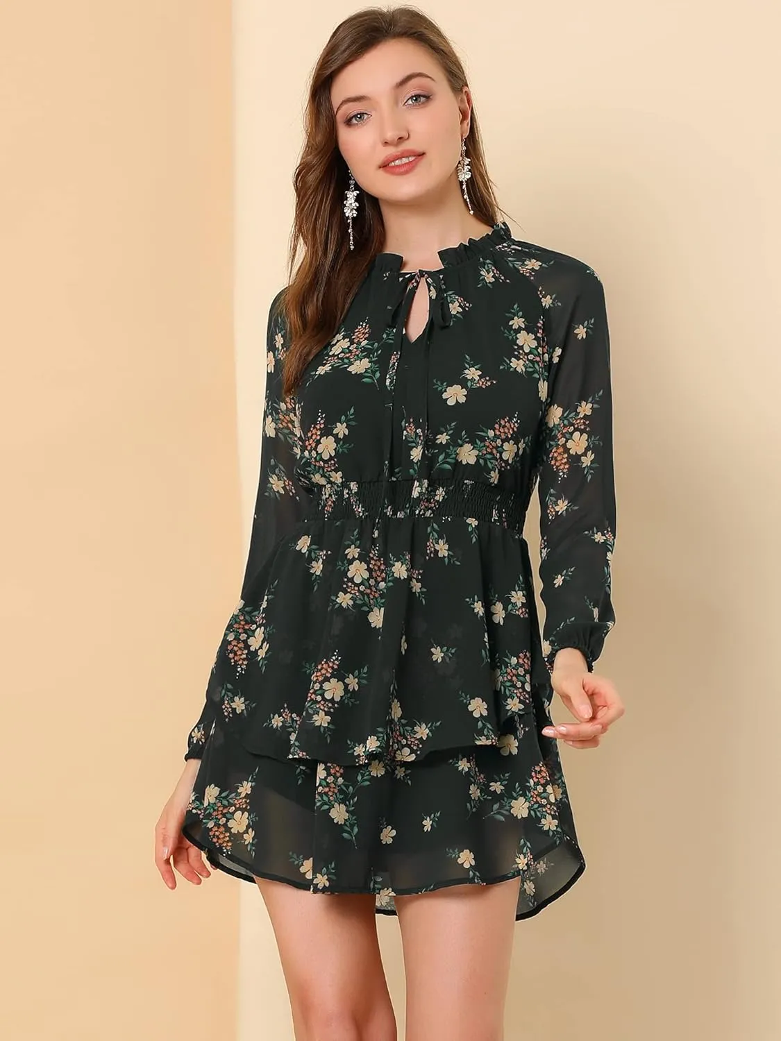 Allegra K Women's Ruffled Floral Smocked Waist Layered Tiered Chiffon Dress