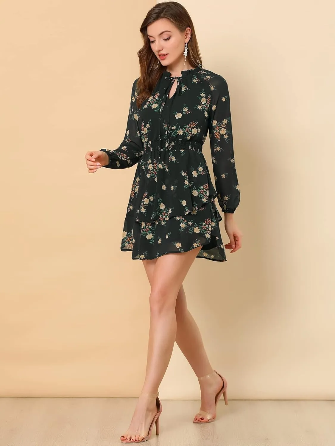 Allegra K Women's Ruffled Floral Smocked Waist Layered Tiered Chiffon Dress