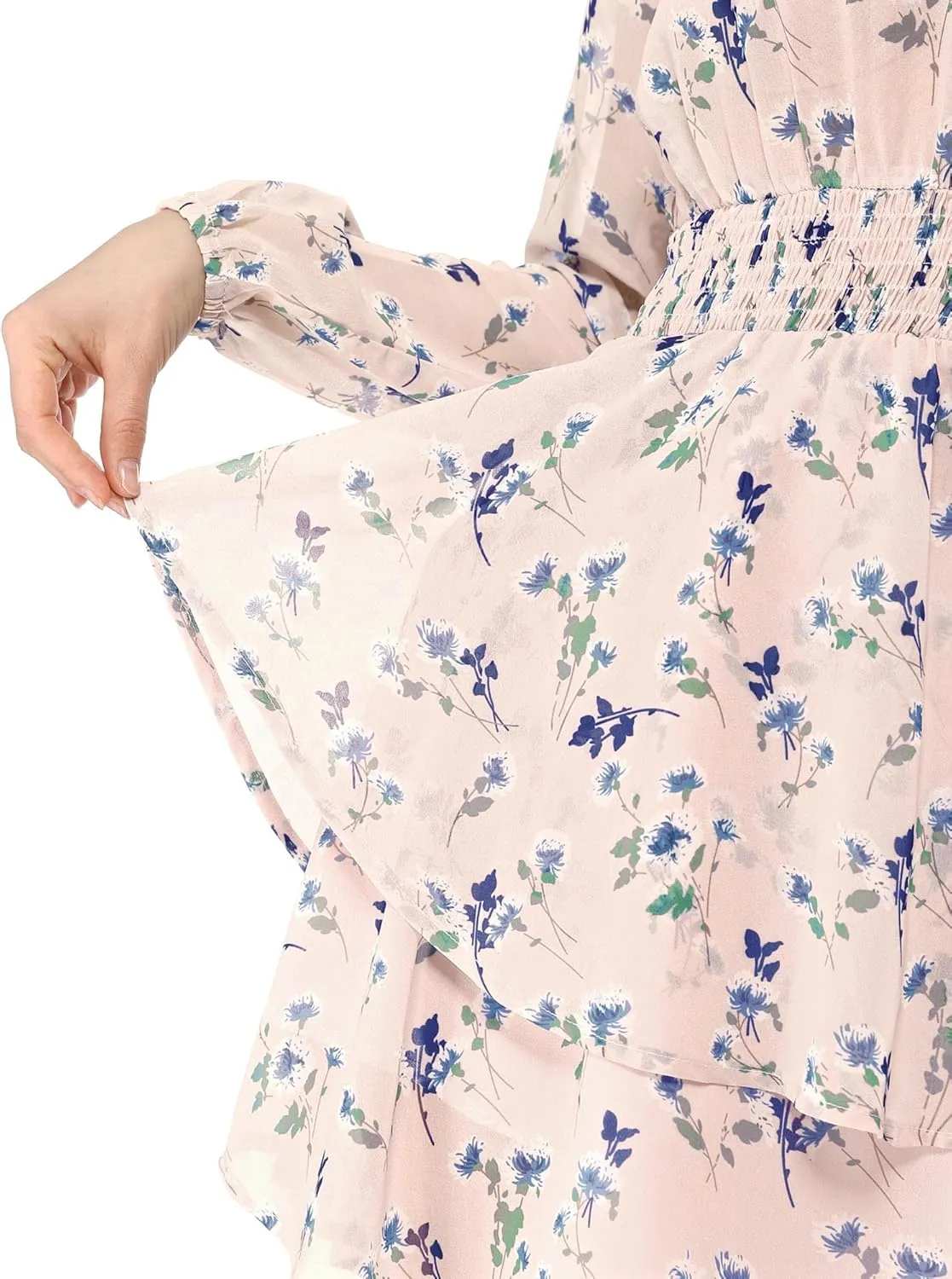 Allegra K Women's Ruffled Floral Smocked Waist Layered Tiered Chiffon Dress