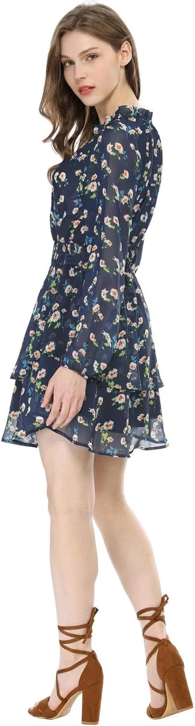 Allegra K Women's Ruffled Floral Smocked Waist Layered Tiered Chiffon Dress