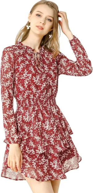 Allegra K Women's Ruffled Floral Smocked Waist Layered Tiered Chiffon Dress